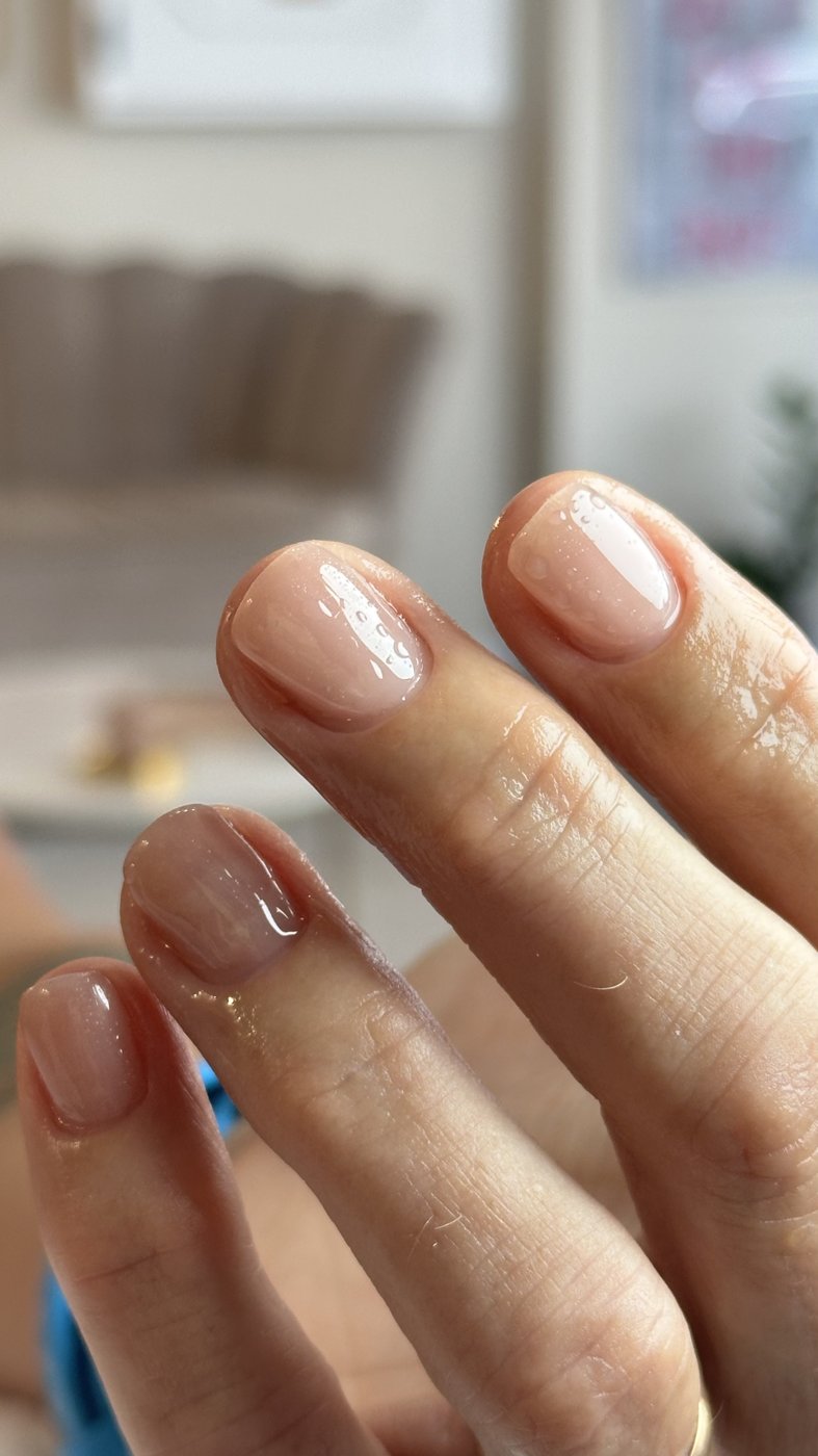 Manicure natural acabada, unhas curtas com brilho — Be You Concept Beauty